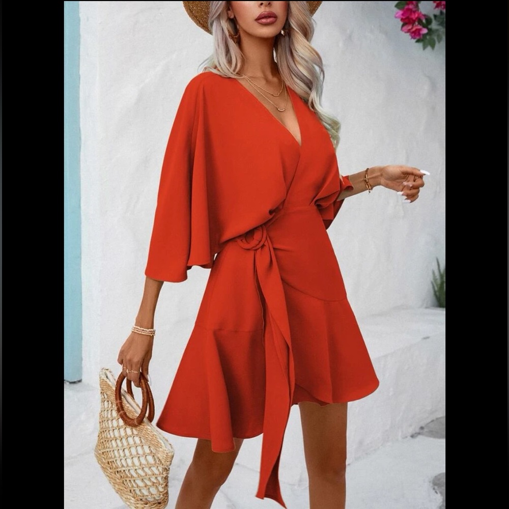 Burnt Orange Bat Wing Sleeve Wrap Dress